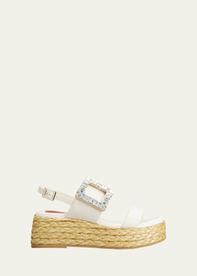 Roger Vivier Summer Leather Crystal Buckle Espadrille Sandals In Cire