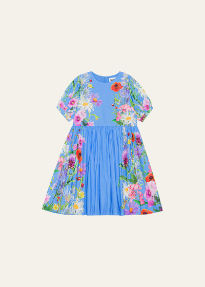 Molo Kids' Girl's Casey Floral-print Dress In Blue Garden