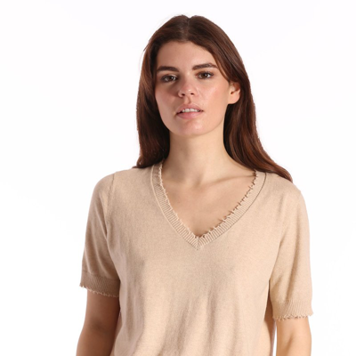 Minnie Rose Cotton Cashmere Frayed V-neck Tee In Brown