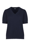 Minnie Rose Cotton Cashmere Frayed V-neck Tee In Blue
