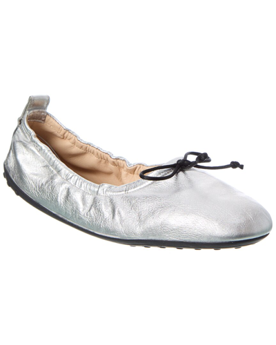 Tod's Leather Ballerina Flat In Silver