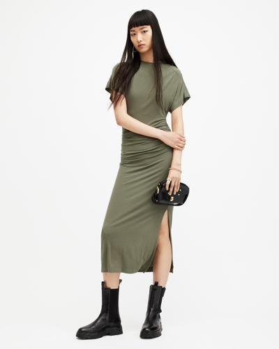 Allsaints Natalie Slim Fit Gathered Midi Dress In Green