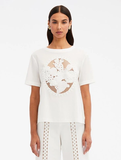 Oscar De La Renta Cactus Eyelet Guipure Cotton T-shirt In White