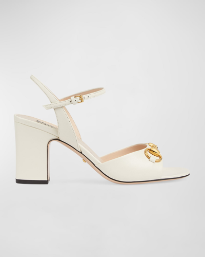 Gucci Lady Leather Horsebit Ankle-strap Sandals In White