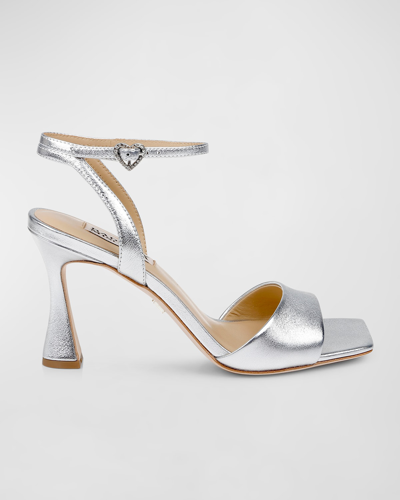 Badgley Mischka Cady Leather Crystal Heart Ankle-strap Sandals In Silver