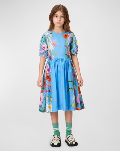 Molo Kids' Girl's Casey Floral-print Dress In Blue Garden