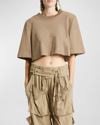 Isabel Marant Zaely Strong-shoulder Short-sleeve Crop T-shirt In Khaki