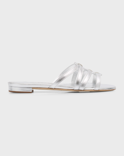 Manolo Blahnik Metallic Leather Caged Flat Sandals In Silver