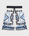 Dolce & Gabbana Boy's Bandana-print Drawstring Cotton Poplin Shorts In Multiprint