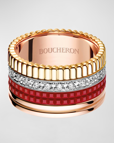 Boucheron Quatre Large Ring In Tricolor Gold With Red Ceramic And Diamonds In 35 Mixed Metal
