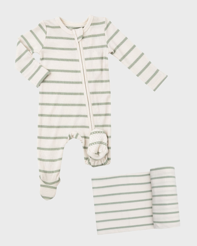 Angel Dear Kids' Boy's Stripe 2-way Zipper Footie And Blanket Set In Desert Sage Strip