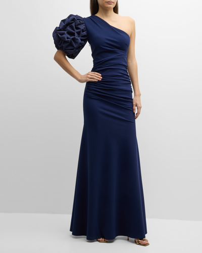 Chiara Boni La Petite Robe One-shoulder Ruffle-sleeve Trumpet Gown In Blue Notte