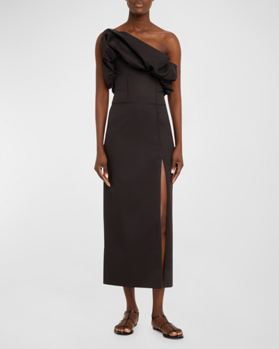 Johanna Ortiz Noche Habanera One-shoulder Puffed Dress In Black