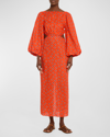 JOHANNA ORTIZ GEOMETRIC COMPOSITION PRINTED OPEN-BACK PUFF-SLEEVE LINEN DRESS