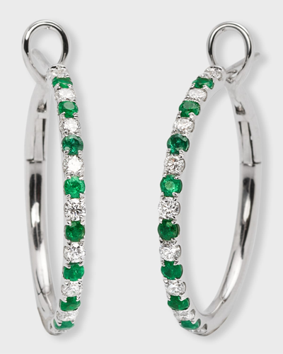 Frederic Sage 18k White Gold Alternating Diamond And Emerald Hoop Earrings In Green