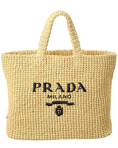 Prada Logo Woven Fabric Shopping Bag In Neutral