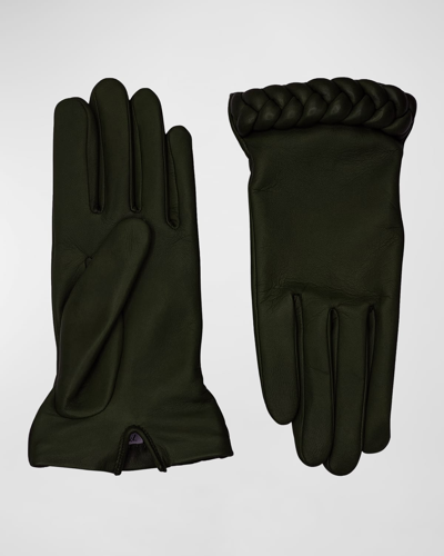 Agnelle Edith Braided Leather Gloves In Khaki