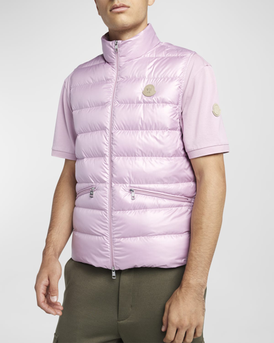 Moncler Lechtal Down-paneled Leather-trimmed Vest In Dark Pink