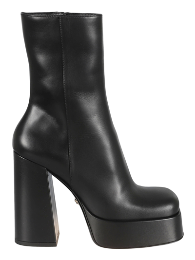 Versace Block Heel Ankle Boots In Black/ Gold