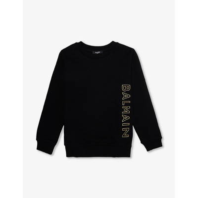 Balmain Kids' Branded-print Long-sleeved Cotton-jersey Sweatshirt 6-14 Years In Black/gold