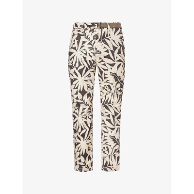 Sacai Mens Beige Brown Leaf-print Straight-leg Cotton Trousers In 638 Beigexbrown