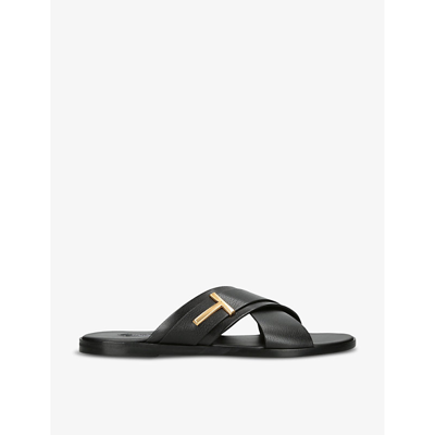 TOM FORD TOM FORD MEN'S BLACK PRESTON BRAND-BADGE LEATHER SANDALS