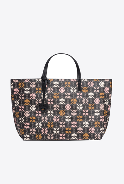 Pinko Big Shopper Bag With Logo Print In Noir/marron/blanc-or Antique