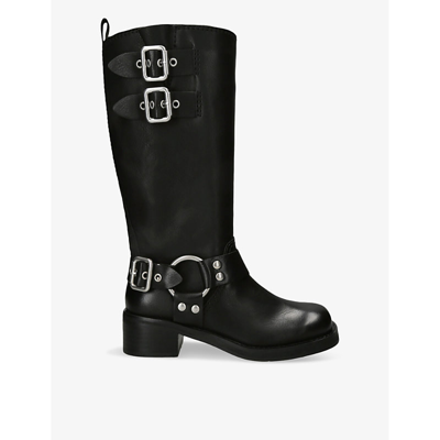 Steve Madden Womens Black Eastern 001 Buckle-embellished Faux-leather Knee-high Boots