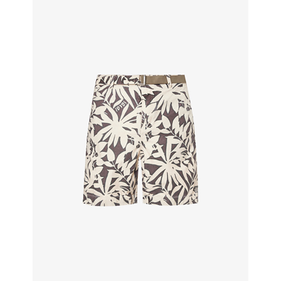 Sacai Mens Beige Brown Leaf-print Mid-rise Cotton Shorts