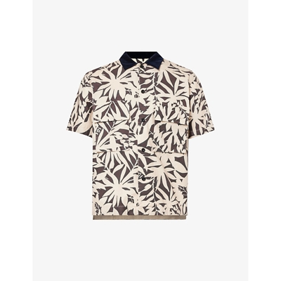 Sacai Mens Beige Brown Leaf-print Contrast-collar Cotton Shirt