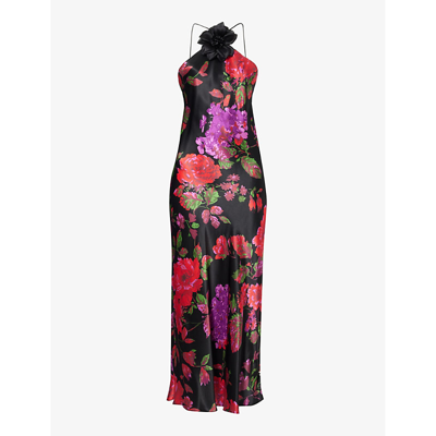 Rodarte Womens Black Floral-pattern Sleeveless Satin Maxi Dress