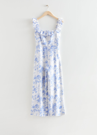 Other Stories Printed Frilled Linen Jumpsuit In Blue
