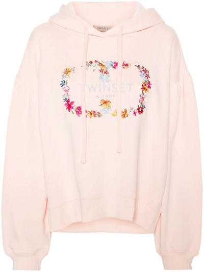Twinset Logo-embroidered Cotton Hoodie In Pink