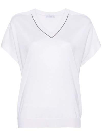 Brunello Cucinelli Short Sleeve V-neck Sweater In Blanco