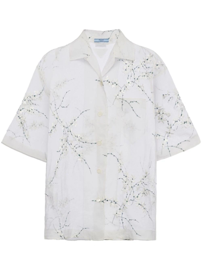 Prada Silk Blend Sheer Shirt With Floral Embroidery In White