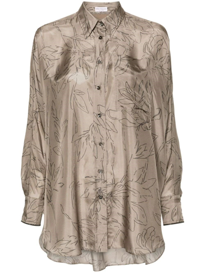 Brunello Cucinelli Printed Silk Shirt In Beige