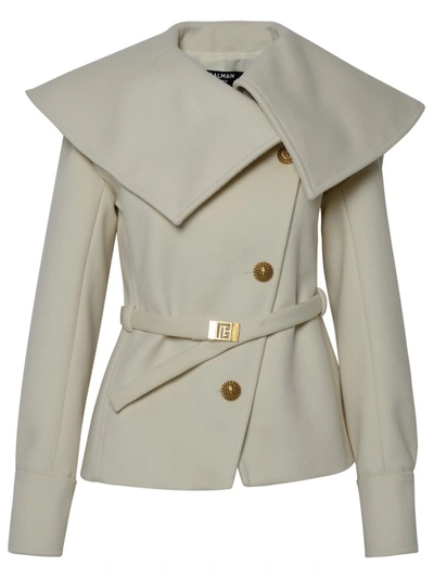 Balmain Cream Wool Short Coat In Grey