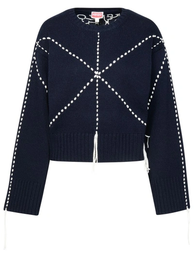 Kenzo Sashiko Stitch' Sweater In Navy Wool Blend In Black