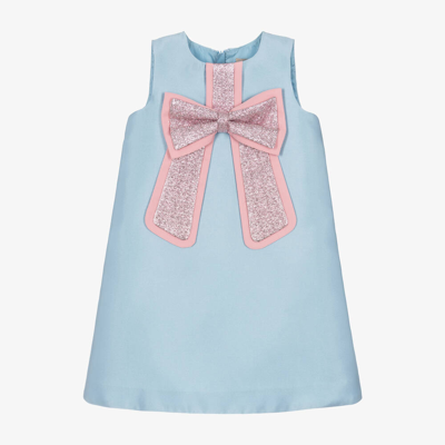 Hucklebones London Kids' Girls Blue Satin & Pink Bow Dress