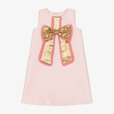 Hucklebones London Kids' Girls Pink Satin & Gold Bow Dress