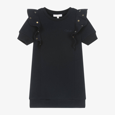 Chloé Kids' Girls Navy Blue Cotton Eyelet Dress