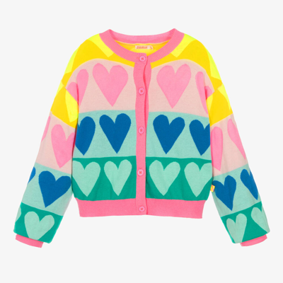 Billieblush Kids' Heart Jacquard Cotton Knit Cardigan In Pink