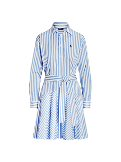Polo Ralph Lauren Logo-embroidered Striped Shirt Dress In White Light Blue