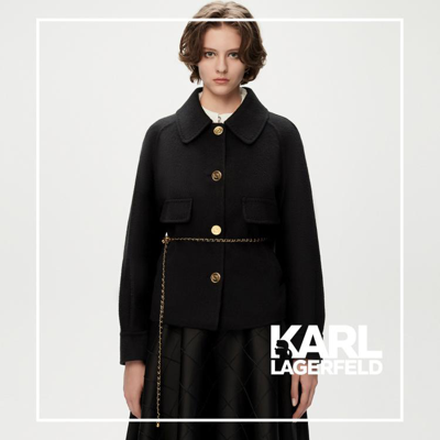 Karl Lagerfeld 【初剪羊毛混纺】老佛爷含驼绒小翻领单排扣短大衣 In Black