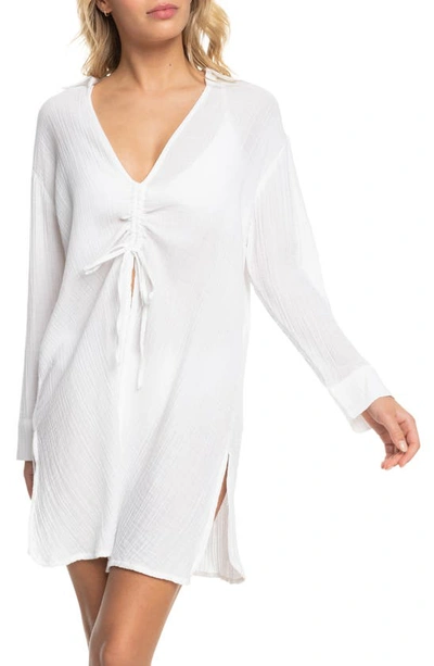 Roxy Sun & Limonade Ruched Long Sleeve Cover-up Dress In Bright White