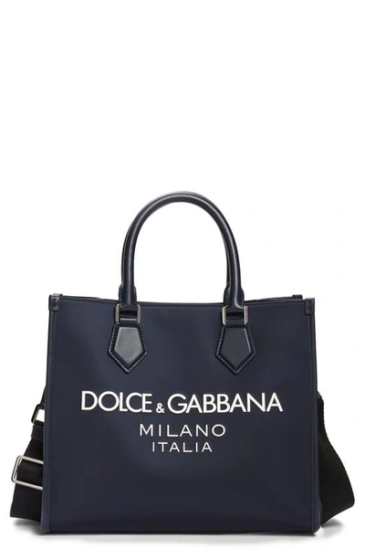 Dolce & Gabbana Large White Logo Nylon Shopper In Blue Navy