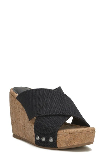 Lucky Brand Valmai Platform Wedge Slide Sandal In Black Linen