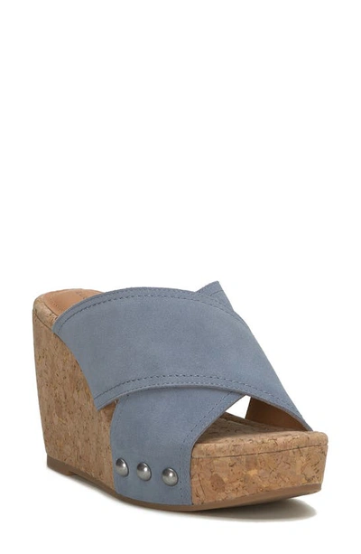 Lucky Brand Valmai Platform Wedge Slide Sandal In Natural Blue Suede