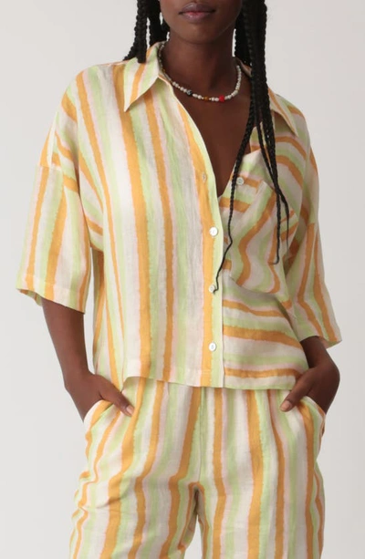 Electric & Rose Kyle Stripe Linen Button-up Shirt In Tangerine/ Lime