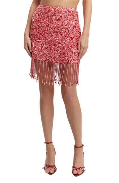 Bardot Sabri Sequin Beaded Fringe Miniskirt In Multi Pink